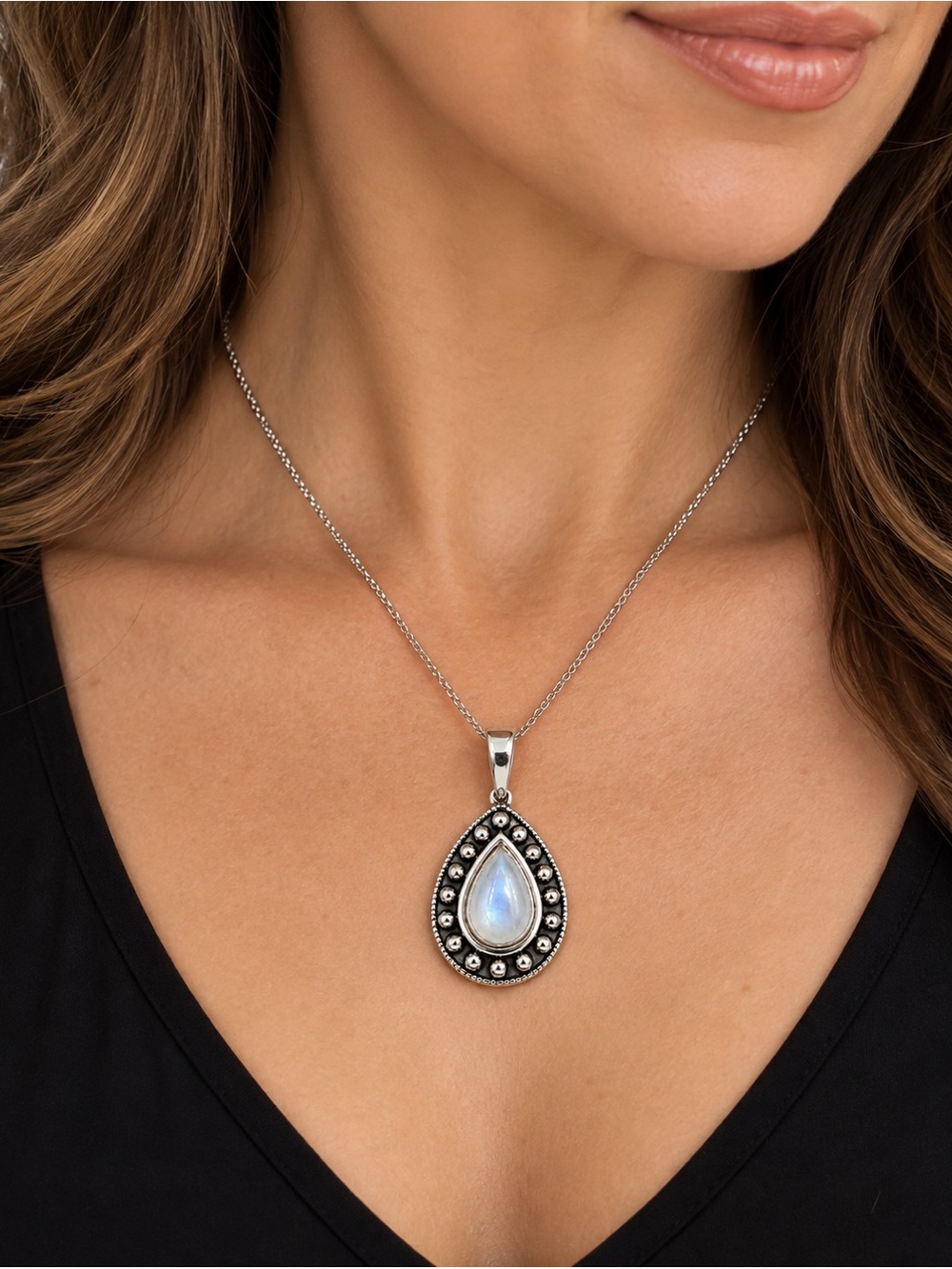 Rainbow Moonstone Serling Silver Teardrop Pendant